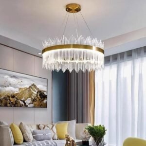 Modern Chandelier with Crystal Rod and Brass Frame