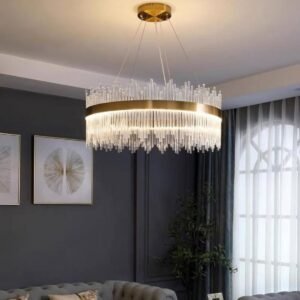 Modern Chandelier with Crystal Rod and Brass Frame