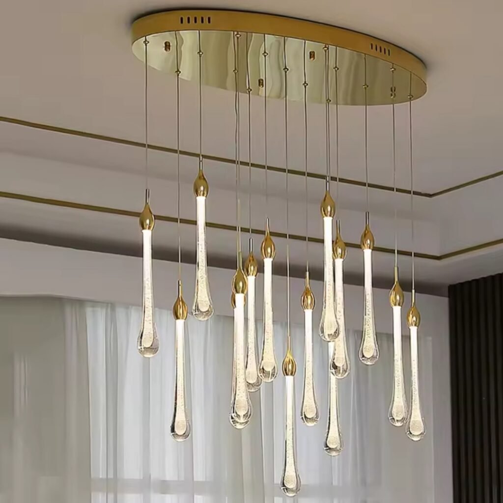 16 light version of Crystal Raindrop Chandelier installed in Living Room