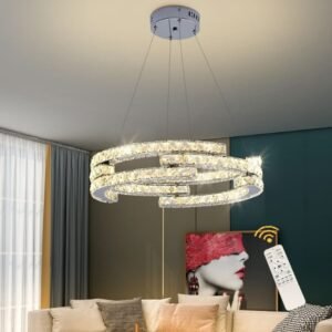 Modern Dimmable 3‑Ring Crystal LED Pendant Light with Remote