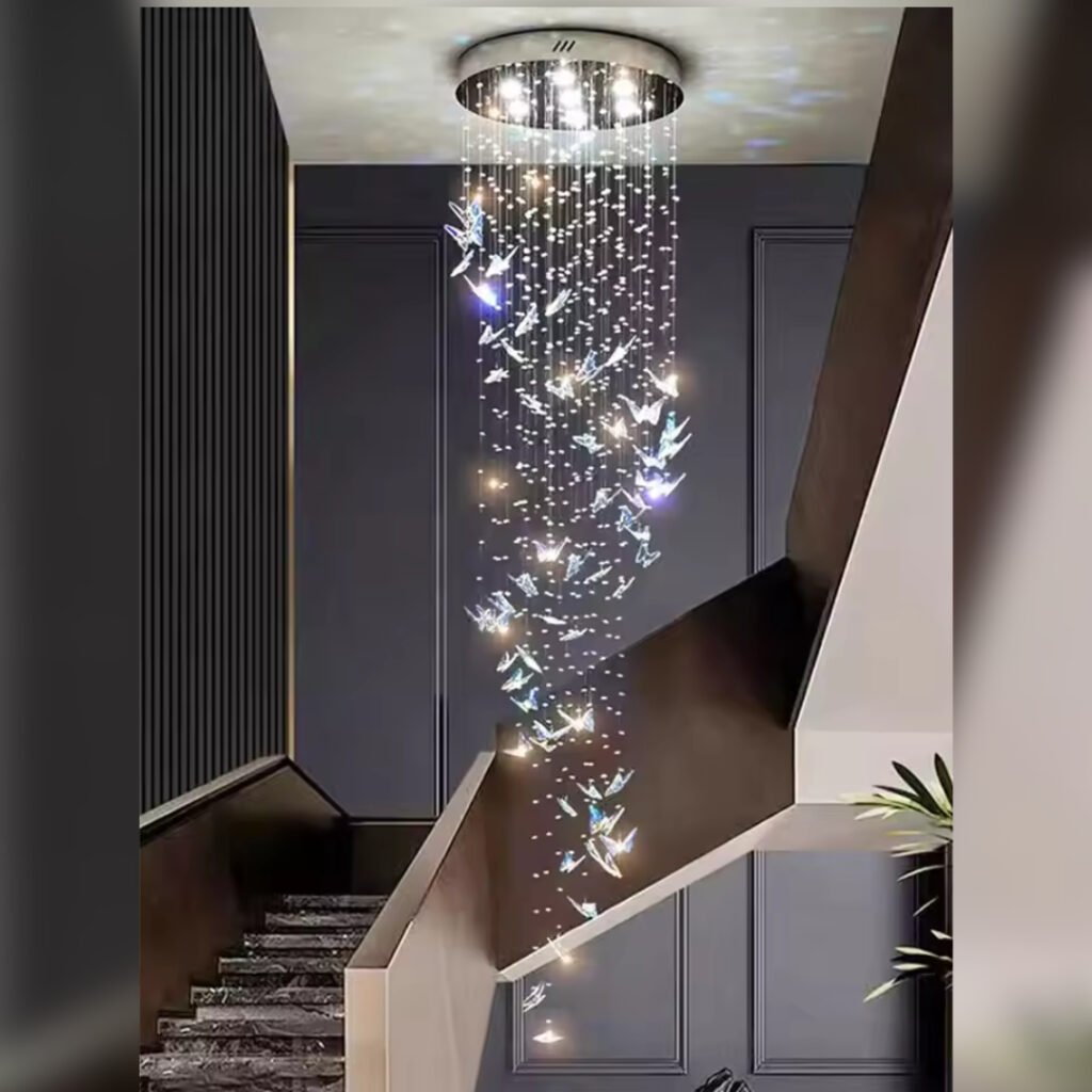 Butterfly Chandelier installed on staircase 