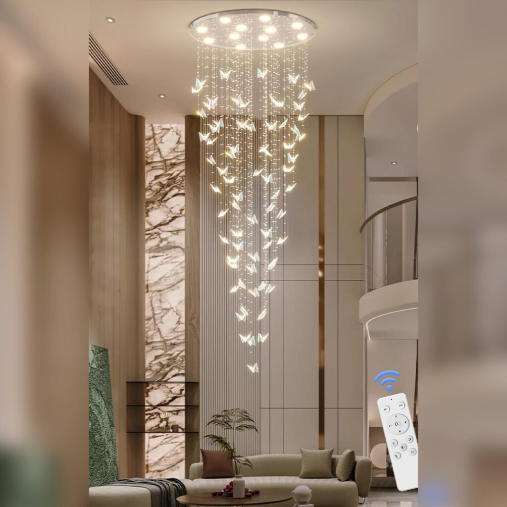 Real photo of Crystal Butterfly Chandelier installed in a high roof living room 