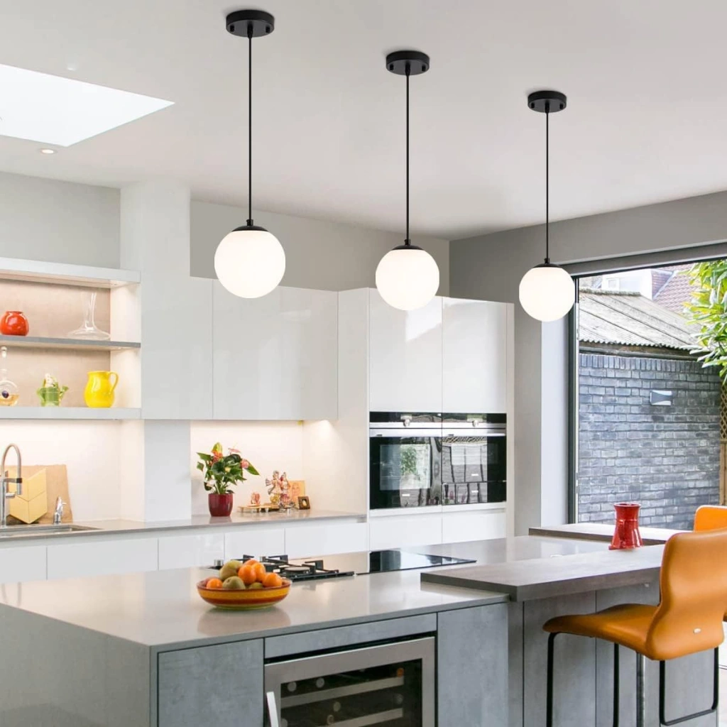 White Hanging Globe Pendant Light in Kitchen